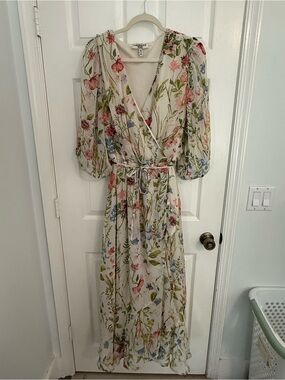 Floral Wrap Maxi Dress in Cream with Pink & Blue